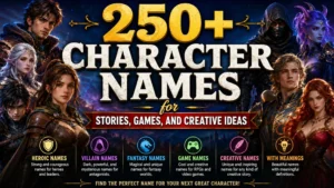 Fantasy character collage featuring 250+ character names for stories, games, heroes, villains, and creative ideas
