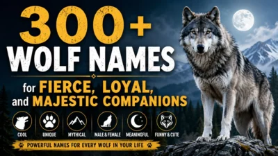 Majestic gray wolf under a full moon with 300+ fierce, loyal, and unique wolf name ideas.