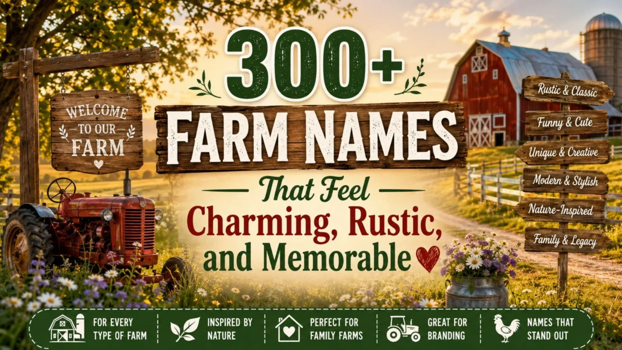 Rustic farm scene with 300+ charming and memorable farm name ideas for every type of farm.