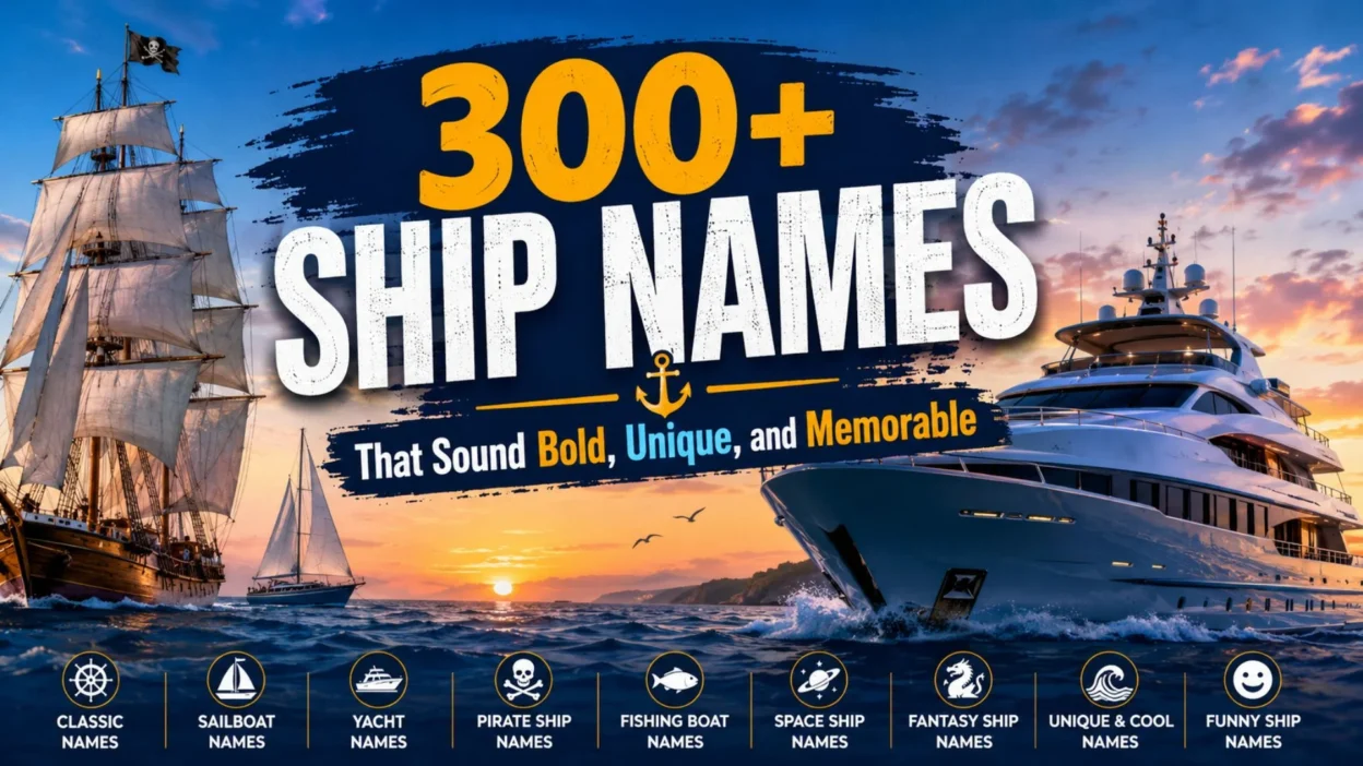 Bold ship names graphic featuring a luxury yacht, pirate ship, sailboat, and ocean sunset.