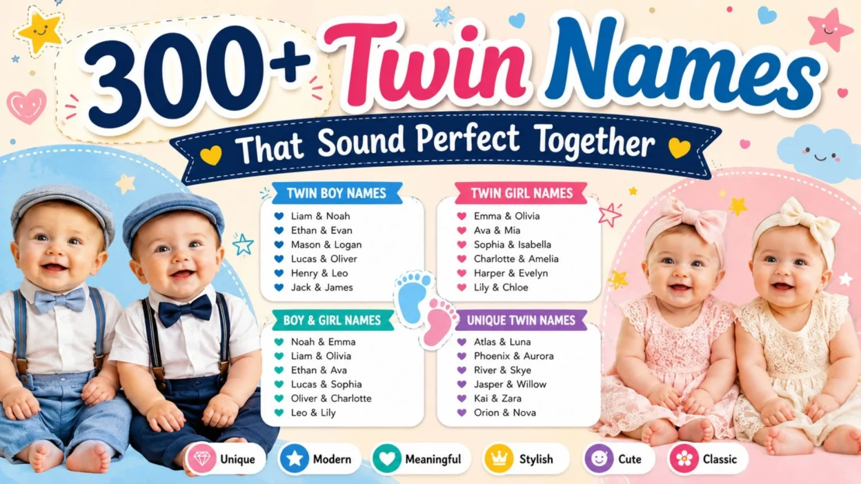 Colorful twin names graphic featuring baby boys and girls with matching name ideas for twins.