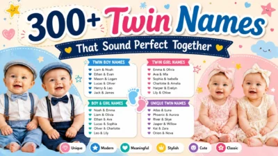 Colorful twin names graphic featuring baby boys and girls with matching name ideas for twins.