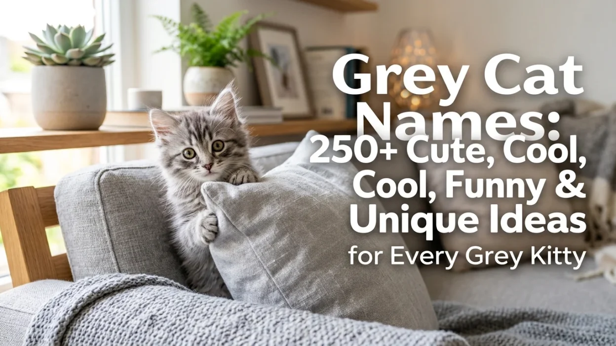 Cute grey cat sitting with a list of 250+ grey cat names including cool, funny, unique, and adorable name ideas.
