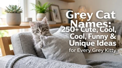 Cute grey cat sitting with a list of 250+ grey cat names including cool, funny, unique, and adorable name ideas.
