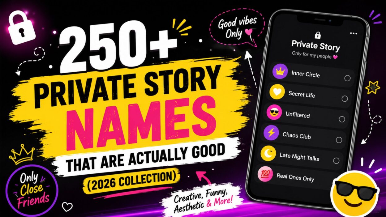 250+ private story names graphic with a smartphone, creative Snapchat story name ideas, and colorful 2026 collection design.