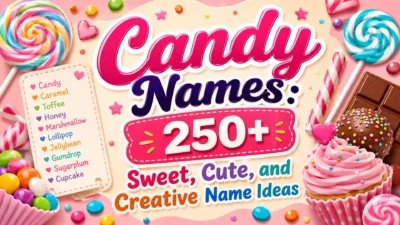 Colorful candy-themed banner featuring lollipops, chocolates, cupcakes, and the title "Candy Names: 250+ Sweet, Cute, and Creative Name Ideas."