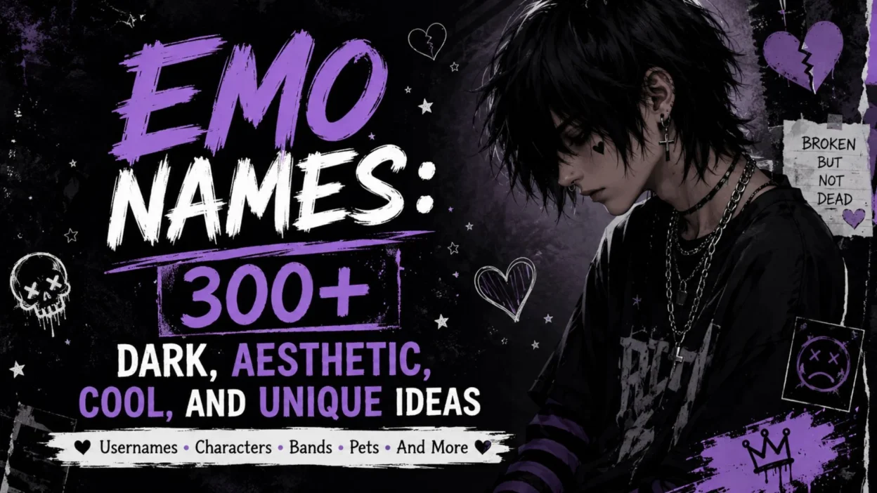 Emo names banner with a dark purple aesthetic, gothic character, broken hearts, skulls, and bold title text.