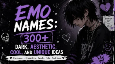 Emo names banner with a dark purple aesthetic, gothic character, broken hearts, skulls, and bold title text.