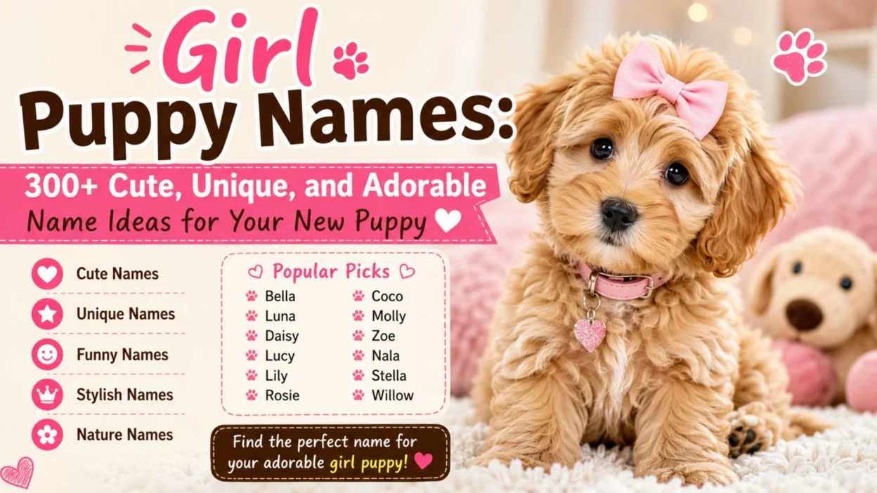Cute girl puppy with a pink bow promoting 300+ girl puppy names including cute, unique, and adorable name ideas.