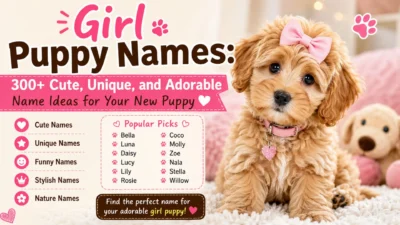 Cute girl puppy with a pink bow promoting 300+ girl puppy names including cute, unique, and adorable name ideas.
