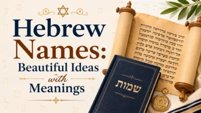 Hebrew names with meanings displayed beside a Torah scroll, Hebrew book, Star of David, and olive branches.