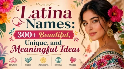 Latina Names banner with a smiling woman, colorful flowers, and 300+ beautiful, unique, and meaningful name ideas.