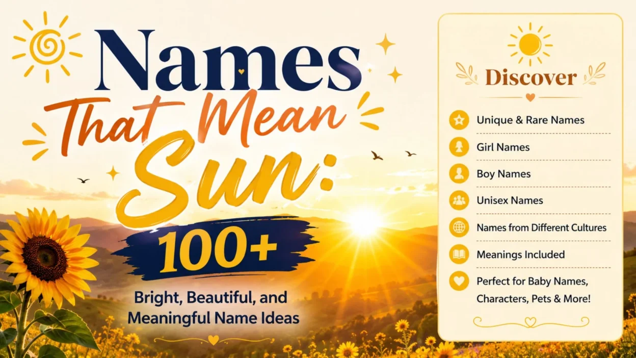 Colorful sunrise banner featuring the title "Names That Mean Sun" with bright sun-themed baby name ideas and a golden landscape.