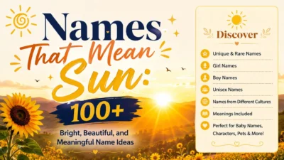 Colorful sunrise banner featuring the title "Names That Mean Sun" with bright sun-themed baby name ideas and a golden landscape.