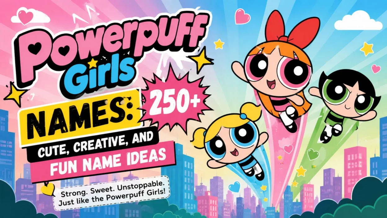 Powerpuff Girls names banner with Blossom, Bubbles, Buttercup, and 250+ cute, creative, fun name ideas