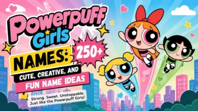 Powerpuff Girls names banner with Blossom, Bubbles, Buttercup, and 250+ cute, creative, fun name ideas