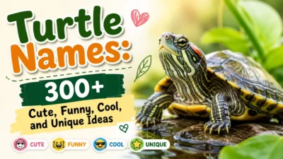 Colorful turtle names graphic featuring 300+ cute, funny, cool, and unique name ideas.