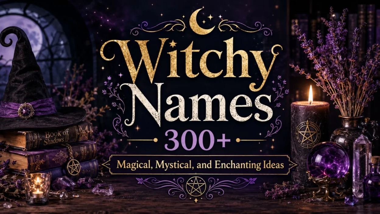 Witchy Names 300+ graphic with moon, candles, crystals, spell books, and purple-gold magical decor.