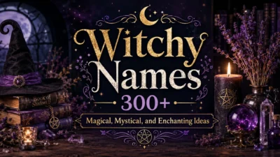 Witchy Names 300+ graphic with moon, candles, crystals, spell books, and purple-gold magical decor.