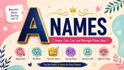 Colorful A Names banner featuring unique, cute, cool, and meaningful name ideas for babies, pets, and characters.
