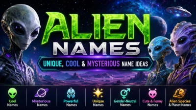 Alien names graphic with mysterious extraterrestrials, planets, spaceship, and colorful sci-fi name categories.