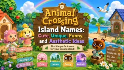 Colorful Animal Crossing island names banner with cute, unique, funny, and aesthetic ideas.