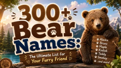 Bear names graphic with a brown bear cub, mountain lake, wooden signs, and popular furry friend name ideas.