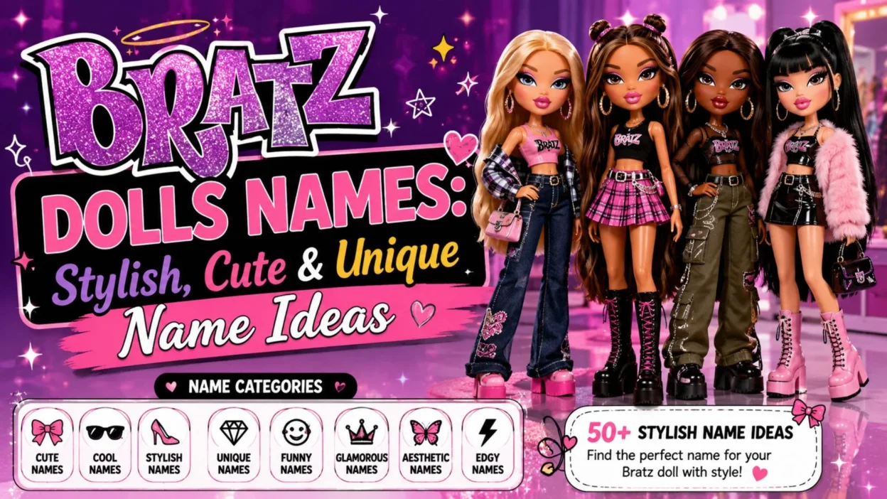 Bratz dolls names graphic featuring stylish fashion dolls with cute, unique, glamorous, and edgy name ideas.