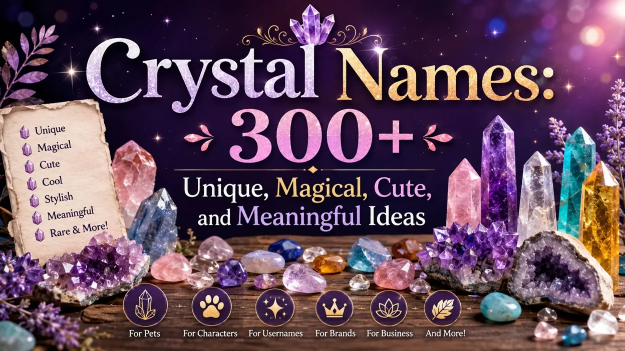 Colorful crystal names banner featuring magical gemstones and 300+ unique, cute, and meaningful name ideas.