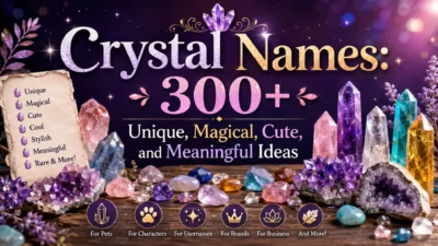 Colorful crystal names banner featuring magical gemstones and 300+ unique, cute, and meaningful name ideas.