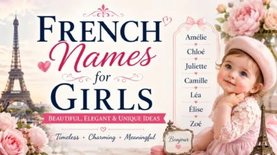 French names for girls with elegant baby name ideas, Eiffel Tower, flowers, and classic Parisian style.
