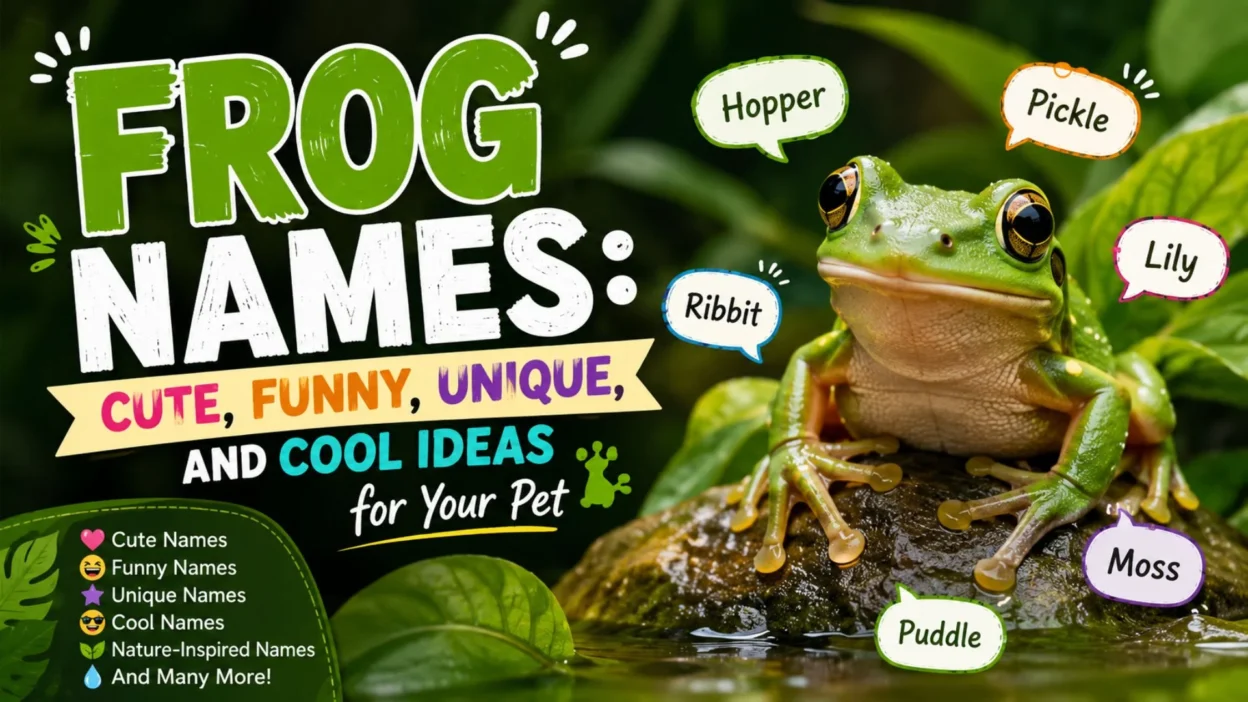 Green pet frog with cute, funny, unique, and cool frog name ideas in a colorful nature-themed design.