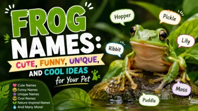 Green pet frog with cute, funny, unique, and cool frog name ideas in a colorful nature-themed design.