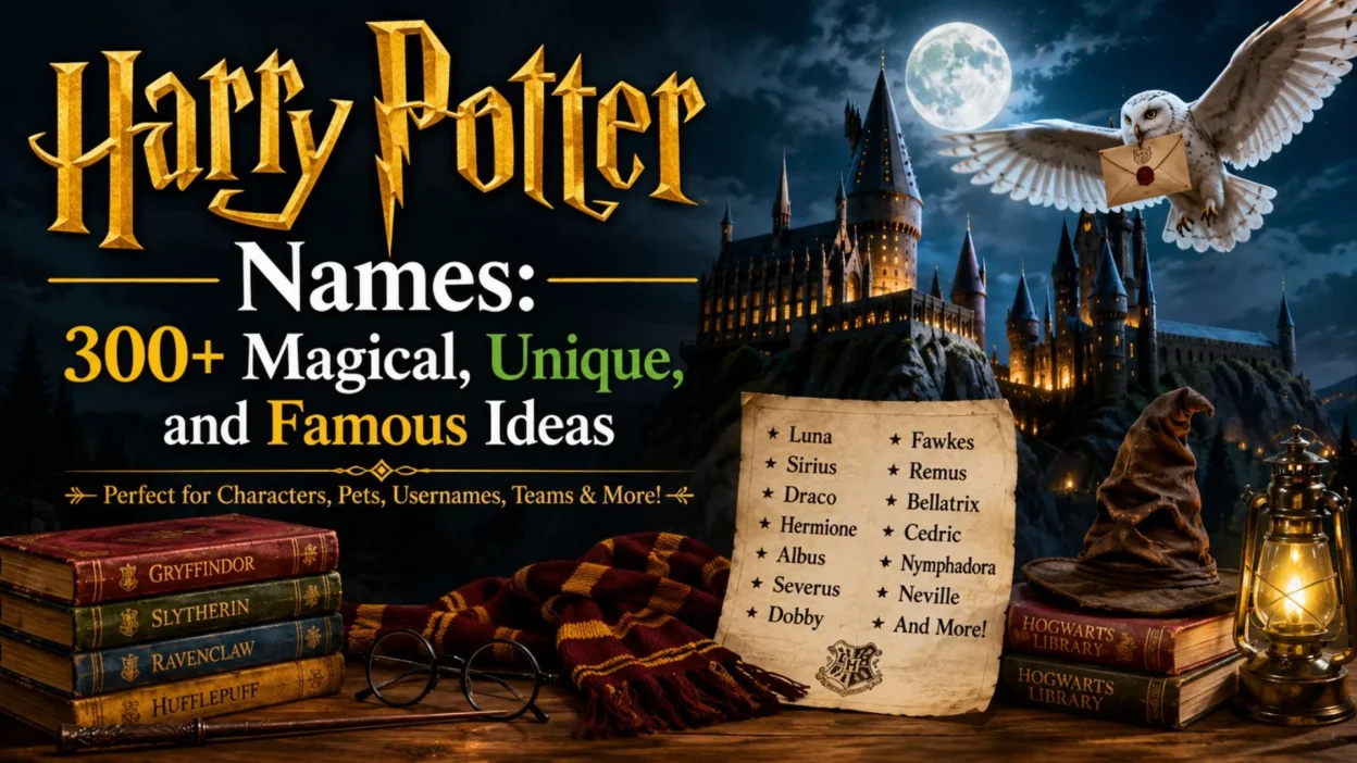 Harry Potter names poster with a magical castle, snowy owl, spellbooks, sorting hat, and famous wizarding names.
