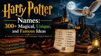 Harry Potter names poster with a magical castle, snowy owl, spellbooks, sorting hat, and famous wizarding names.