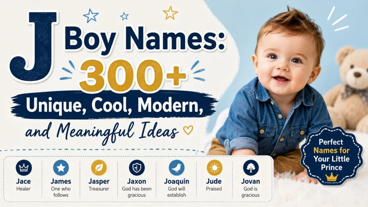 J boy names graphic featuring a smiling baby and 300+ unique, cool, modern, and meaningful name ideas.