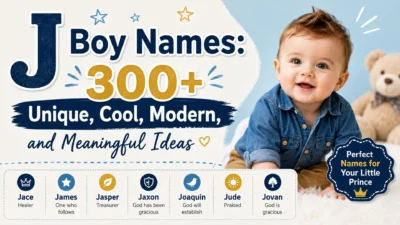 J boy names graphic featuring a smiling baby and 300+ unique, cool, modern, and meaningful name ideas.