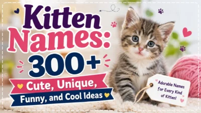 Cute tabby kitten beside colorful text featuring 300+ cute, unique, funny, and cool kitten names.