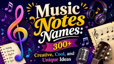 Colorful music notes names graphic with headphones, guitar, microphone, treble clef, and creative name ideas.