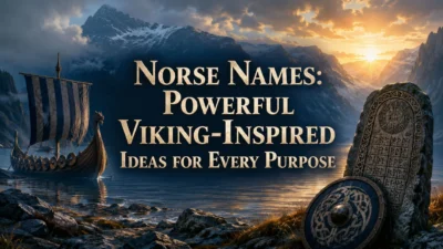Norse names displayed over a Viking longship, Nordic fjord, runestone, and shield at sunrise.