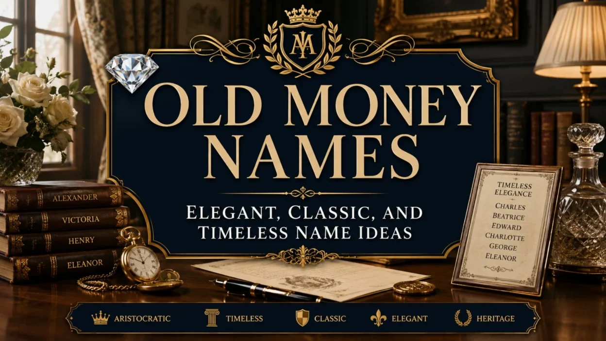 Old money names banner with elegant vintage books, gold details, roses, and timeless aristocratic styling.