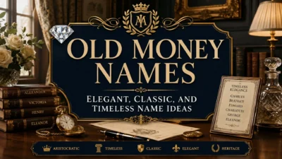 Old money names banner with elegant vintage books, gold details, roses, and timeless aristocratic styling.
