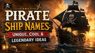 Pirate ship names poster featuring a black pirate ship with skull sails sailing across a dramatic sunset sea.