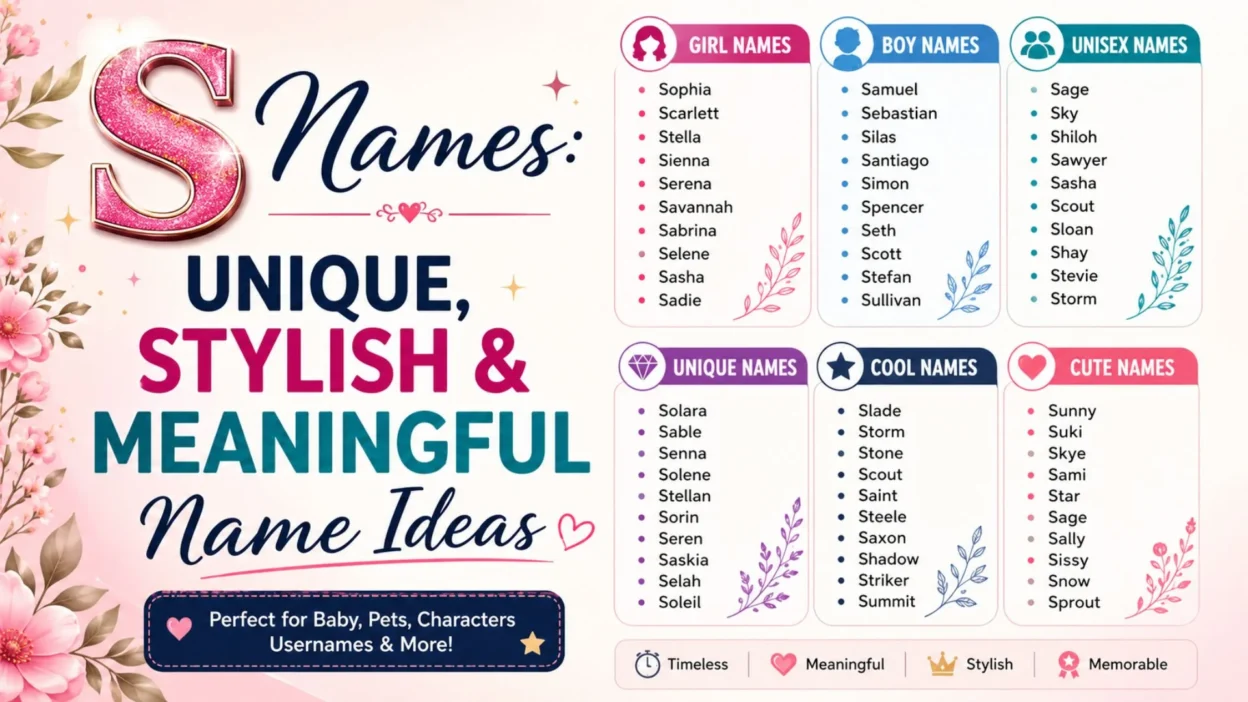 S Names infographic featuring unique, stylish, meaningful, girl, boy, unisex, cool, and cute name ideas.