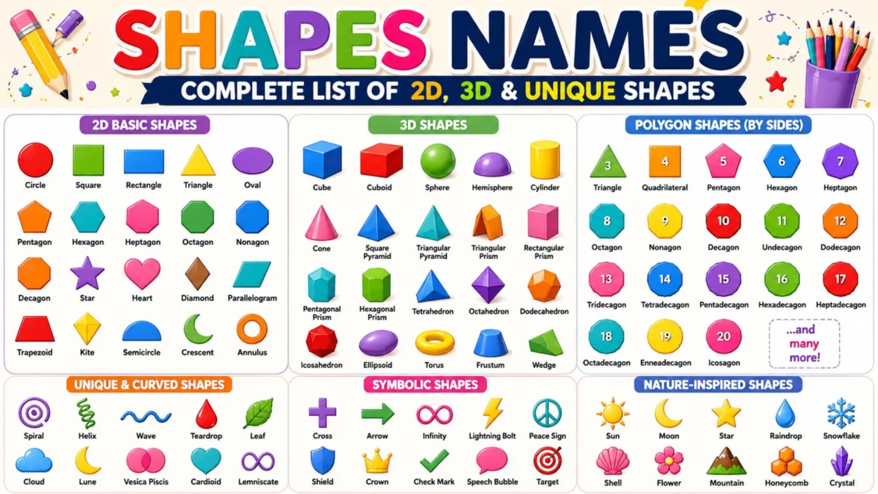 Colorful shapes names chart featuring 2D, 3D, polygon, curved, symbolic, and nature-inspired shapes.