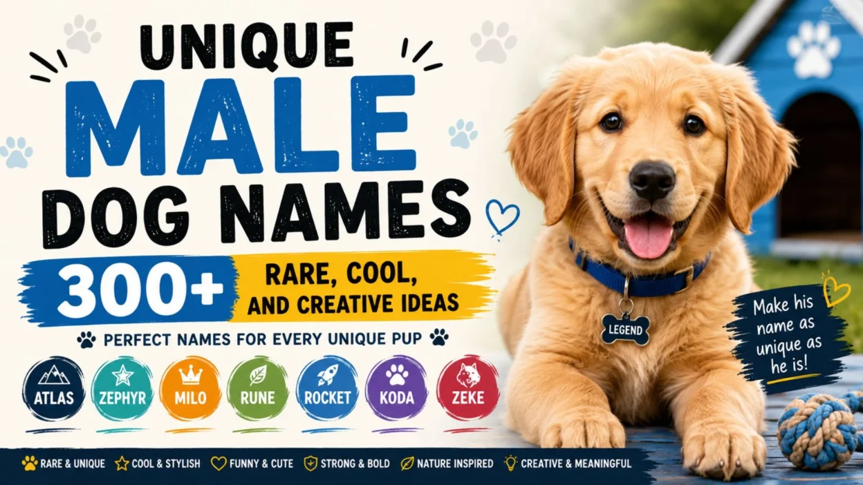 Golden retriever beside a colorful banner featuring 300+ unique male dog names and creative naming ideas.