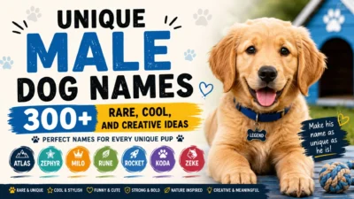 Golden retriever beside a colorful banner featuring 300+ unique male dog names and creative naming ideas.