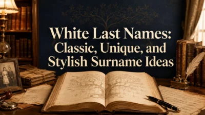 White last names displayed over an antique genealogy book with family records in a classic library.