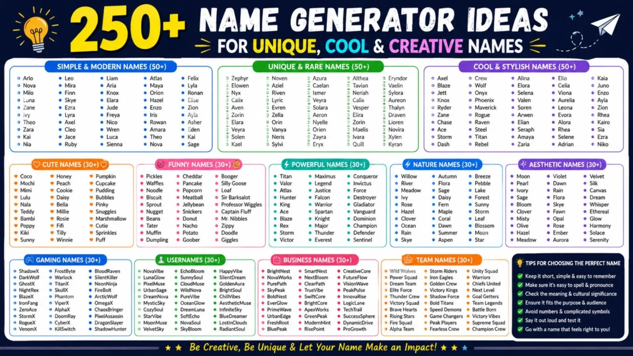 250+ name generator ideas for unique, cool, creative, cute, stylish, and powerful names